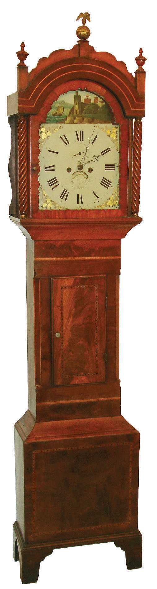 English tall clock, 8 days, time, calendar and strike, weight driven brass movement in a mahogany and crotch mahogany inlaid case with high bracket feet and rope turned columns flanking hood and painted iron dial, c1820 — Antique Clocks Price Guide