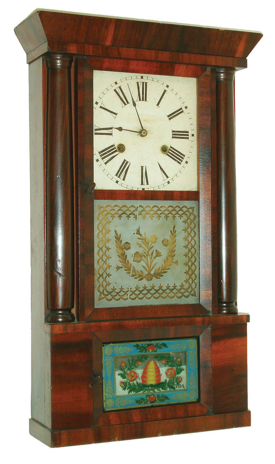 Chauncey Jerome, New Haven, Conn., 30 hour, time and strike weight brass movement column and cornice shelf clock, c1850 — Antique Clocks Price Guide
