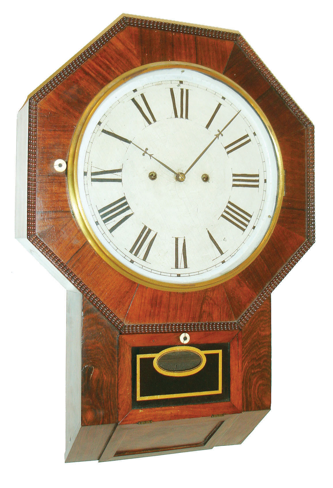 Atkins Clock Co., Bristol, Conn., "Octagon Drop XX", 30 day, time only, spring driven Type III movement with tin and spoked brass wheels in a rosewood veneer and ripple molded case with painted metal dial, c1859 — Antique Clocks Price Guide