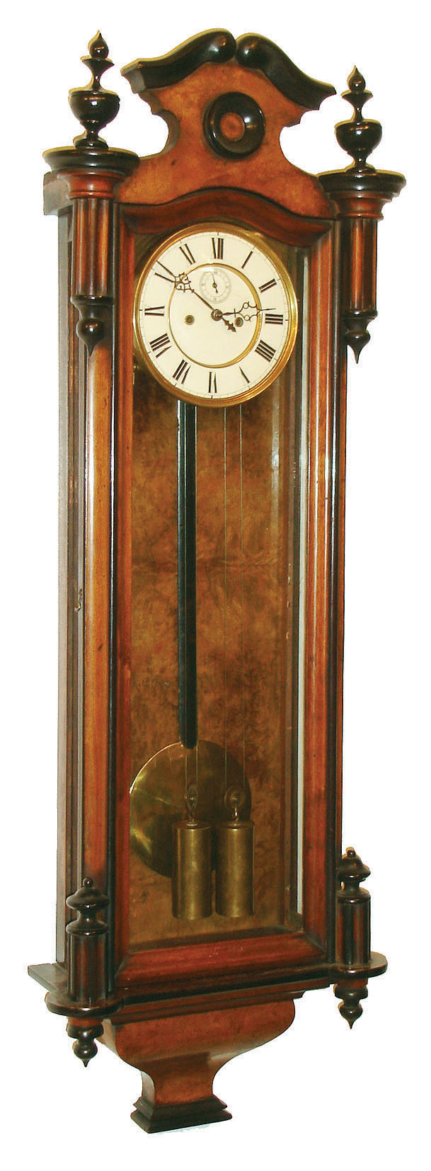 Vienna regulator wall clock, 8 days, time and strike, two brass weight driven movement in a walnut and burled walnut veneer case with ebonized trim and two part white enamel dial and second's bit, c1900 serial #57145 — Antique Clocks Price Guide