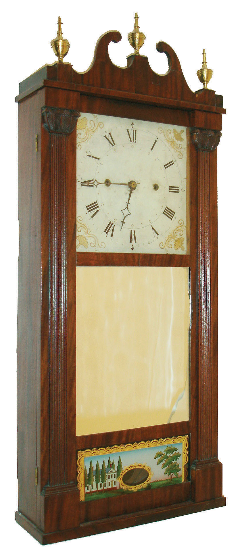 Merriman, Birge and Co., Bristol, Conn., 30 hour, time and strike weight wood movement with roller pinions reeded pilaster &amp; scroll top shelf clock, c1821. — Antique Clocks Price Guide