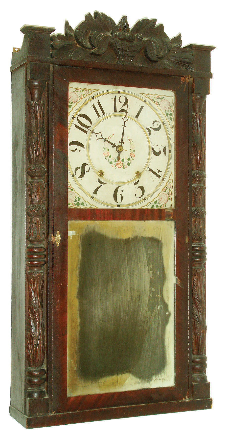 Riley Whiting, Winchester, Conn., 30 hour, time and strike weight wood movement carved column &amp; splat shelf clock, c1830 — Antique Clocks Price Guide