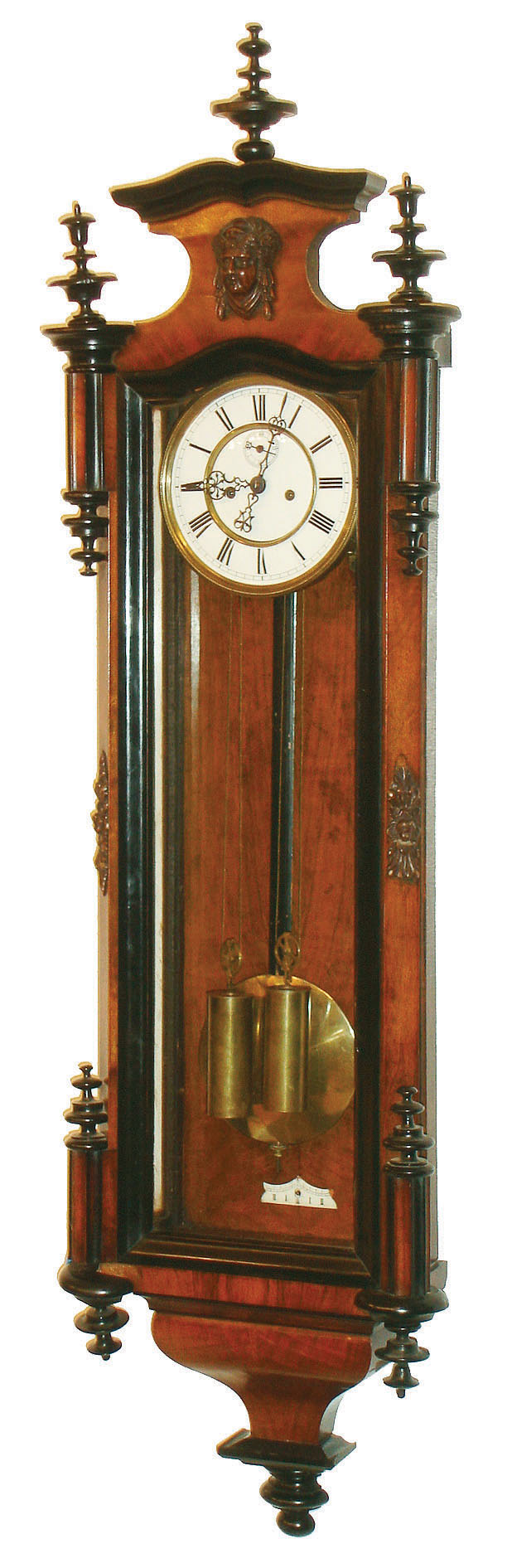 Vienna regulator wall clock, 8 days, time and strike, two brass weight driven movement in a walnut and walnut veneer case with ebonized trim and two part white enamel dial and second's bit, c1900 serial #157587 — Antique Clocks Price Guide