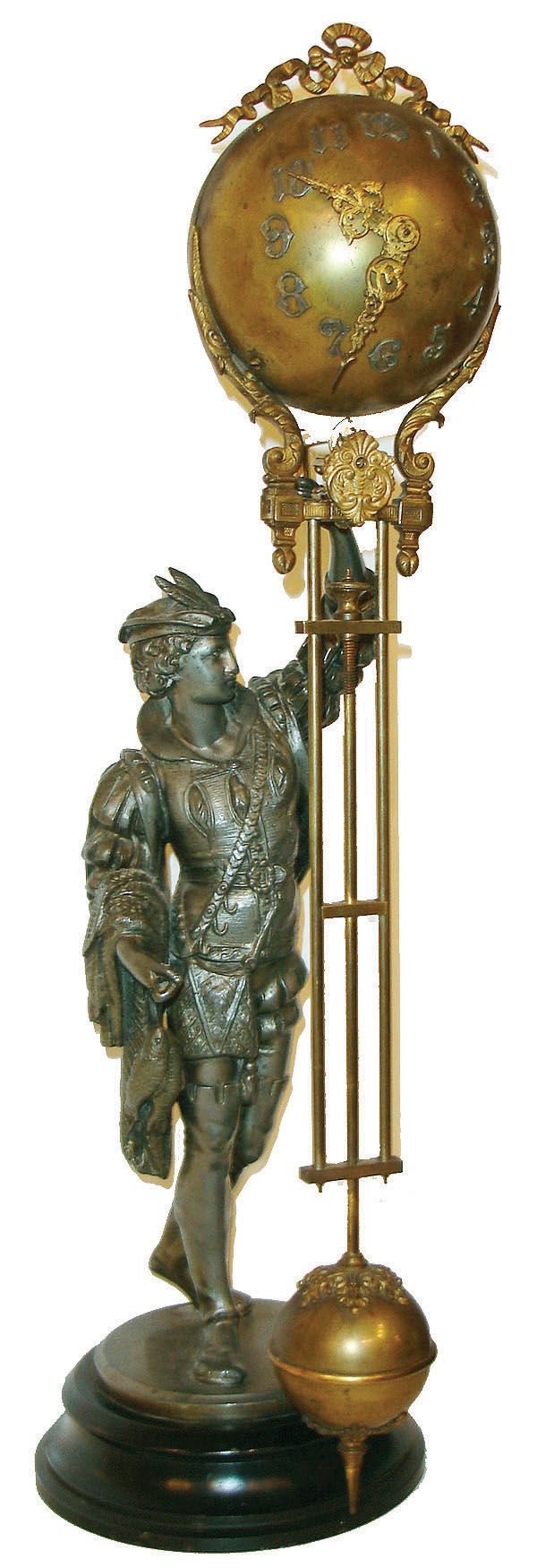 Ansonia Clock Co., New York, New York, "Fisher" ball swinger figural mantel clock, 8 days, time only, spring driven movement in a gilt finished ball case supported by a statue of a fisherman, c1880 — Antique Clocks Price Guide