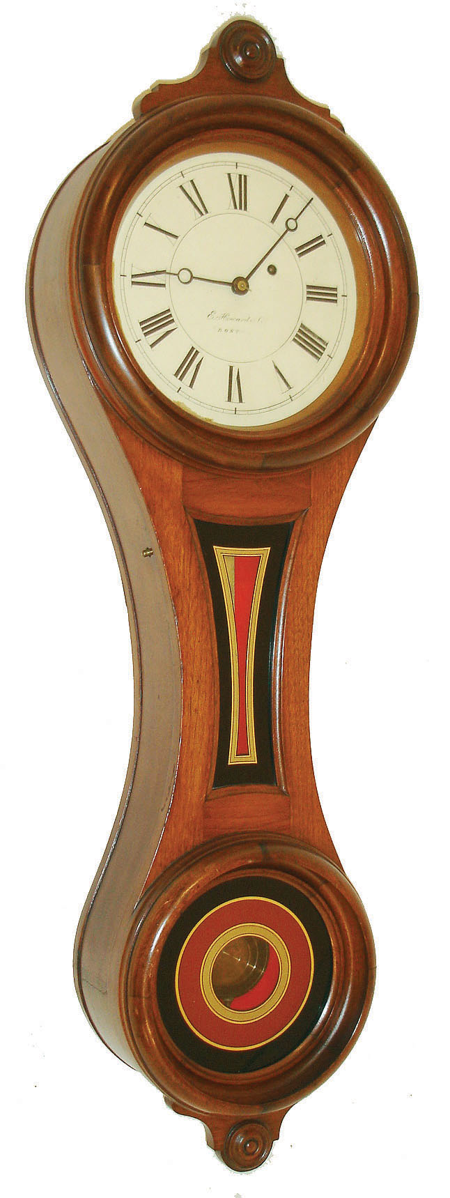 E. Howard &amp; Co., Boston, Mass., "No. 9 Regulator" figure eight wall clock, 8 days, time only, weight driven movement in a walnut case with painted metal dial and reverse painted tablets, c1880 — Antique Clocks Price Guide
