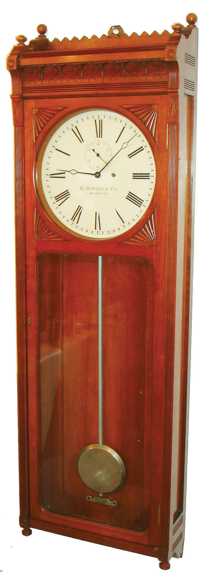 E. Howard &amp; Co., Boston, Mass., "No. 72 Regulator" wall clock, 8 days, time only, weight driven movement in a cherry case with painted metal dial, c1880 — Antique Clocks Price Guide