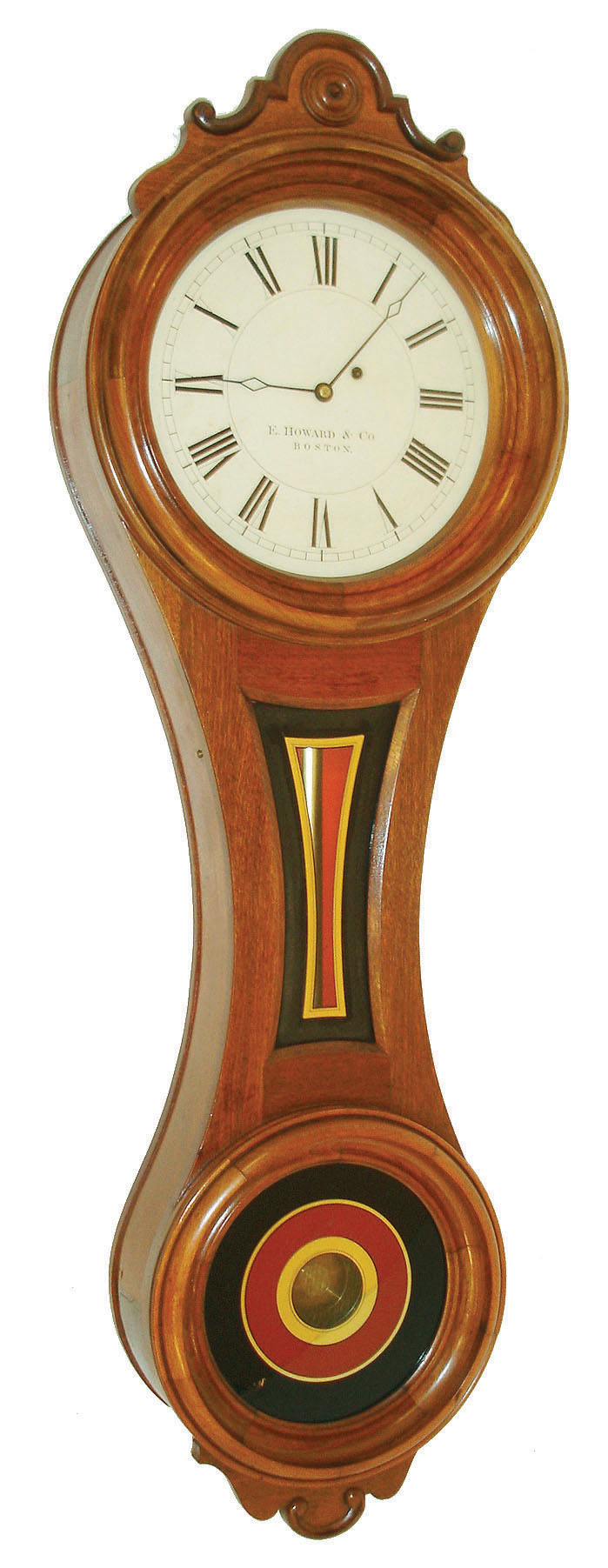 E. Howard &amp; Co., Boston, Mass., "No. 7 Regulator" figure eight wall clock, 8 days, time only, weight driven movement in a walnut case with painted metal dial and reverse painted tablets, c1880 — Antique Clocks Price Guide