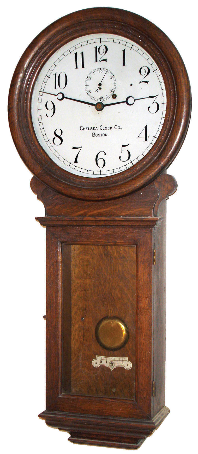 Chelsea Clock Co., Boston, "Regulator No. 3" dark oak 8 day weight driven time only wall clock, 1908 — Antique Clocks Price Guide