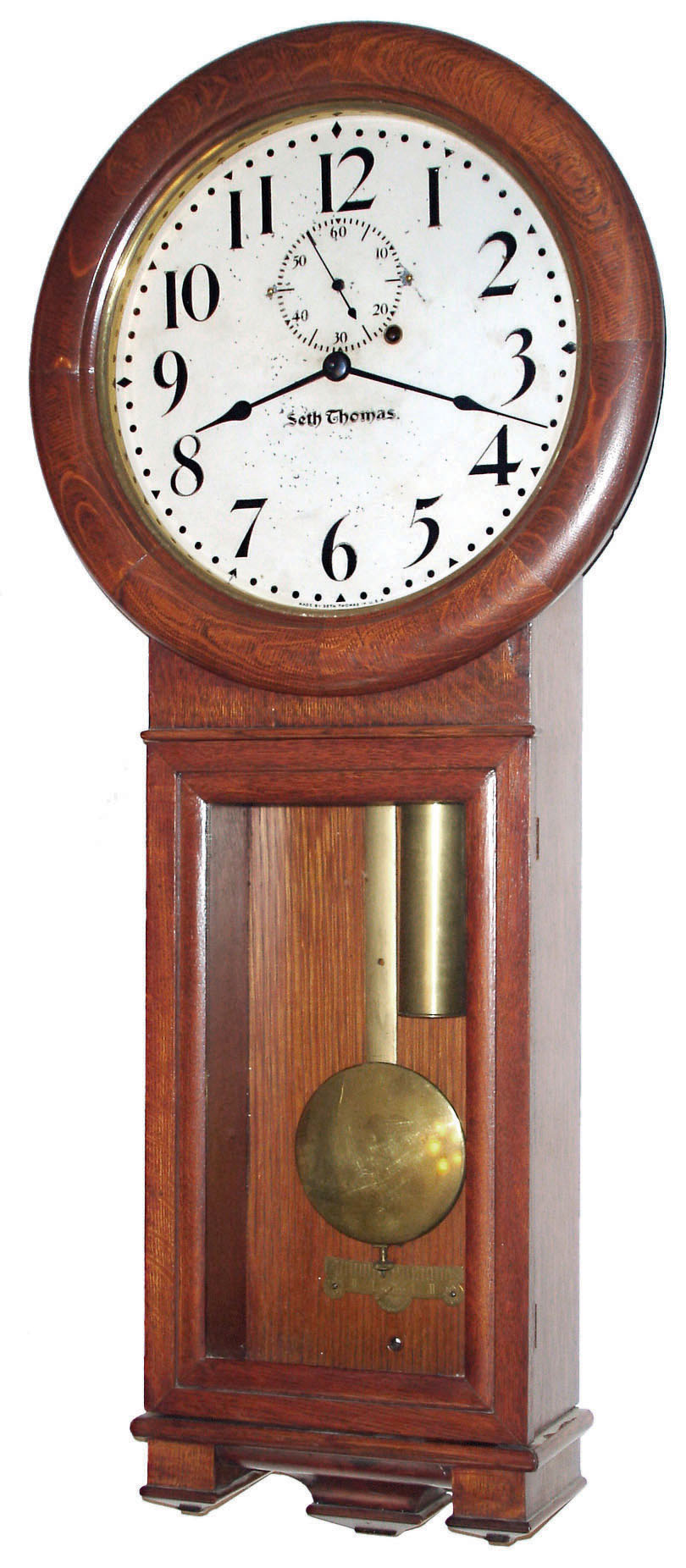 Seth Thomas Clock Co., Thomaston, Conn., "Regulator No. 2" oak 8 day weight driven time only wall clock, c1900 — Antique Clocks Price Guide