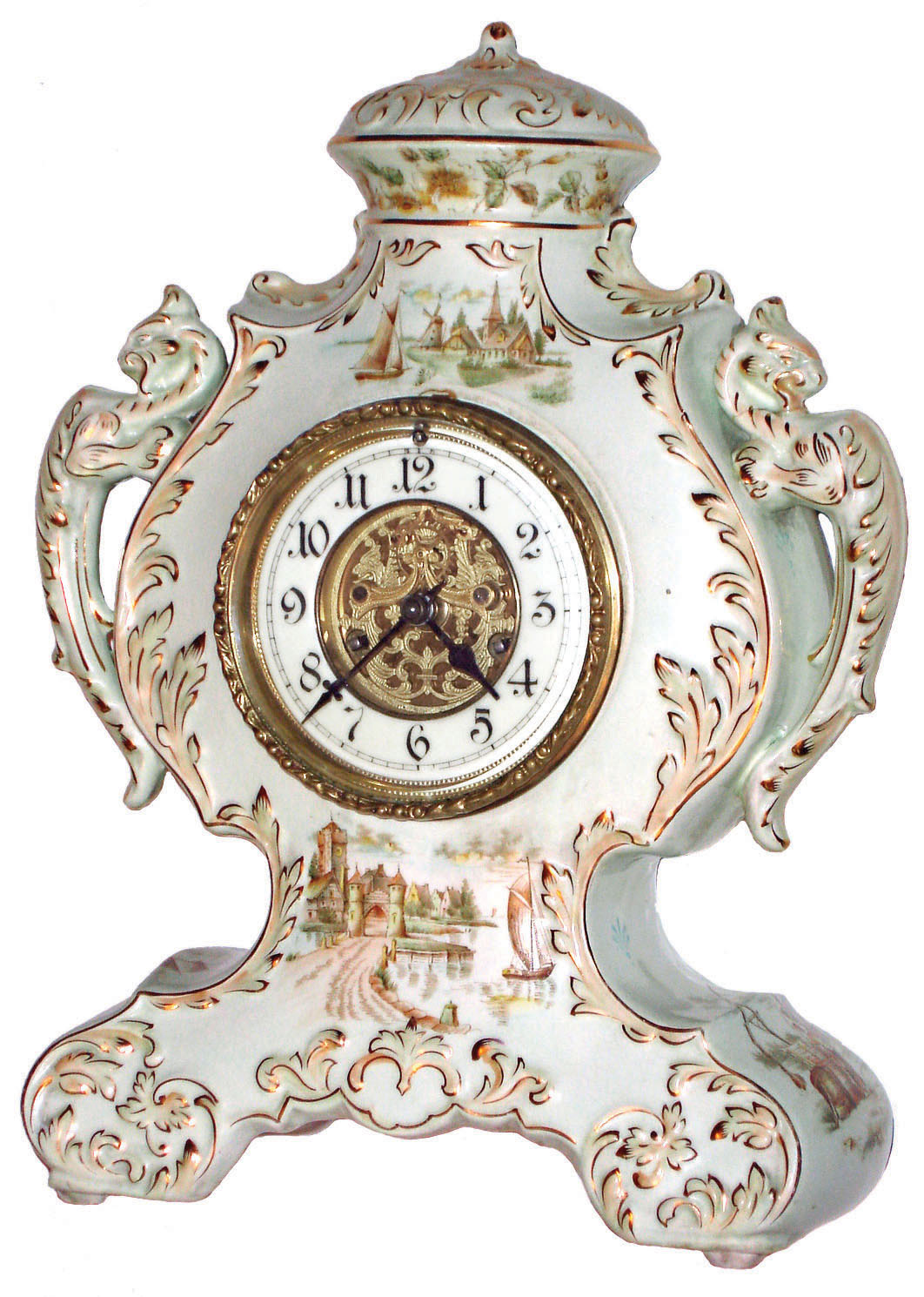 Waterbury Clock Co., Waterbury, Conn,. porcelain 8 day time and strike mantel clock, visible escapement, c1900 — Antique Clocks Price Guide