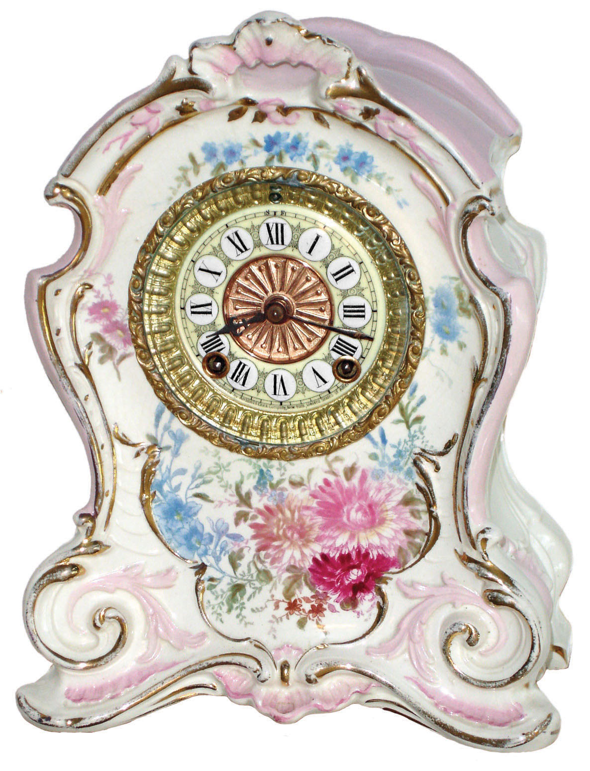 Ansonia Clock Co., New York, "La Hontan" Royal Bonn 8 day time and strike porcelain mantel clock, c1900 — Antique Clocks Price Guide