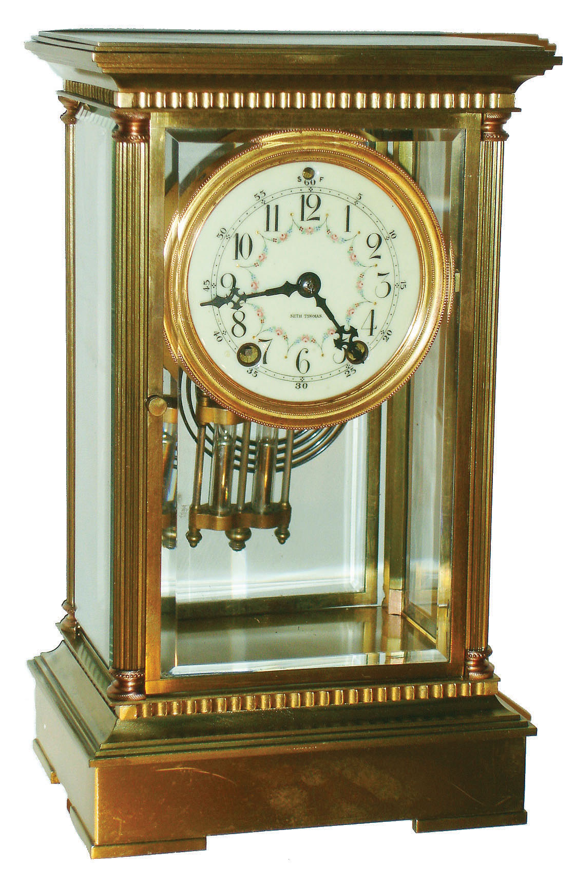 Seth Thomas Clock Co.., Thomaston, Conn., "Empire No. 20" brass and beveled glass 8 day time and strike crystal regulator mantel clock, c1904 — Antique Clocks Price Guide