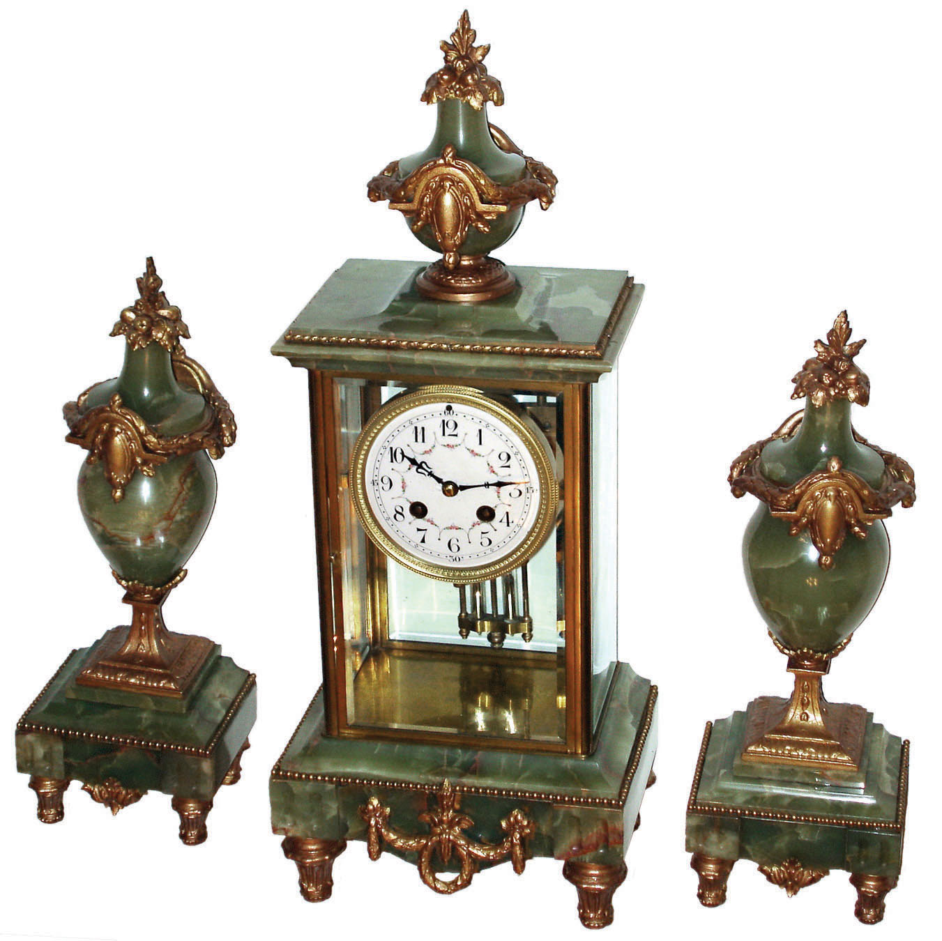 French green onyx, gilt metal and beveled glass 8 day time and strike crystal regulator clock and pair of urns garniture set, c1880 — Antique Clocks Price Guide