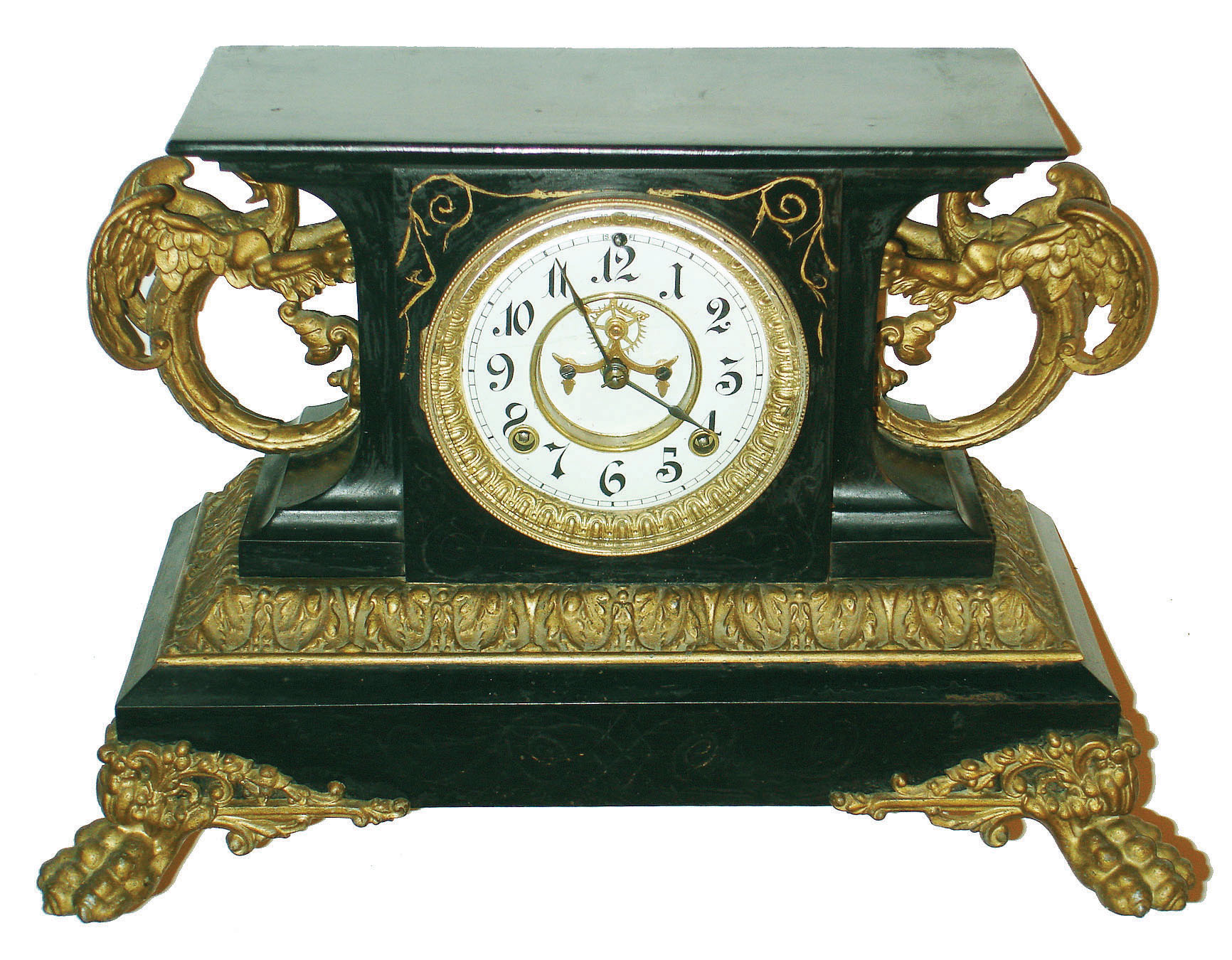 Ansonia Clock Co., New York, "Belgium" enameled black iron 8 day time and strike mantel clock, visible escapement, c1904 — Antique Clocks Price Guide
