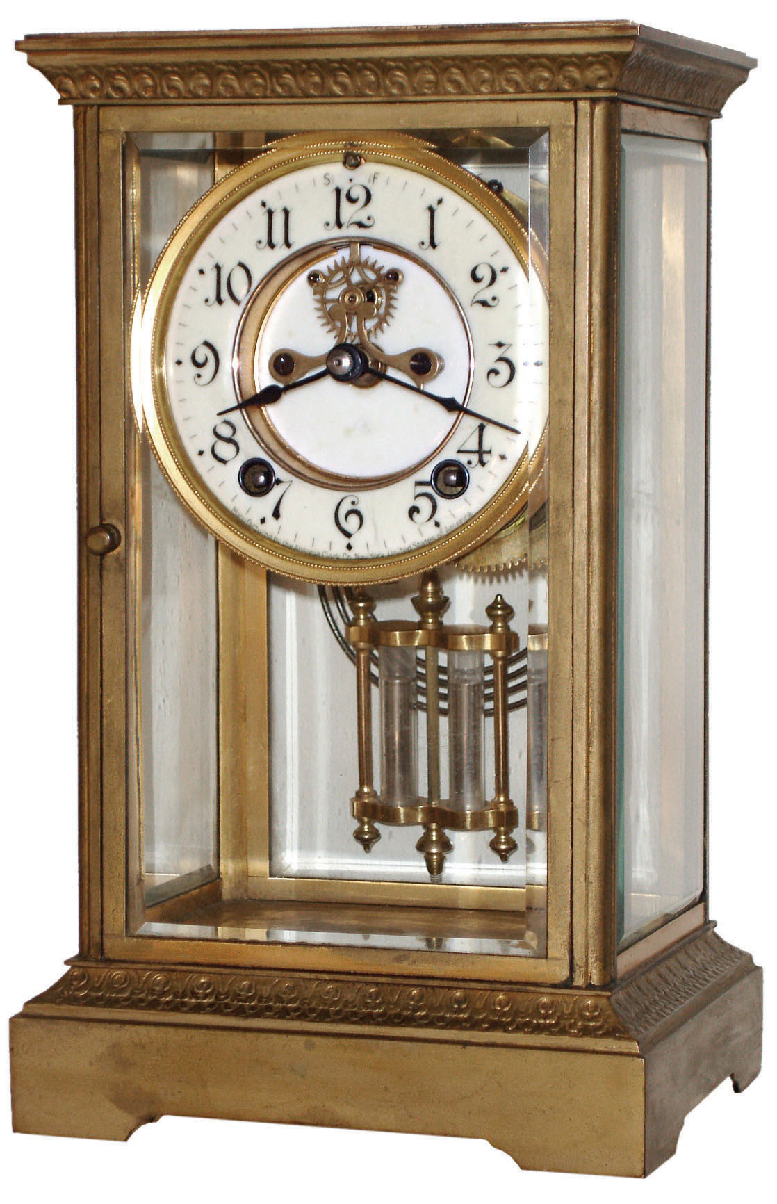 Ansonia Clock Co., New York, "Cetus" 8 day brass and beveled glass time and strike crystal regulator, visible escapement, c1914 — Antique Clocks Price Guide