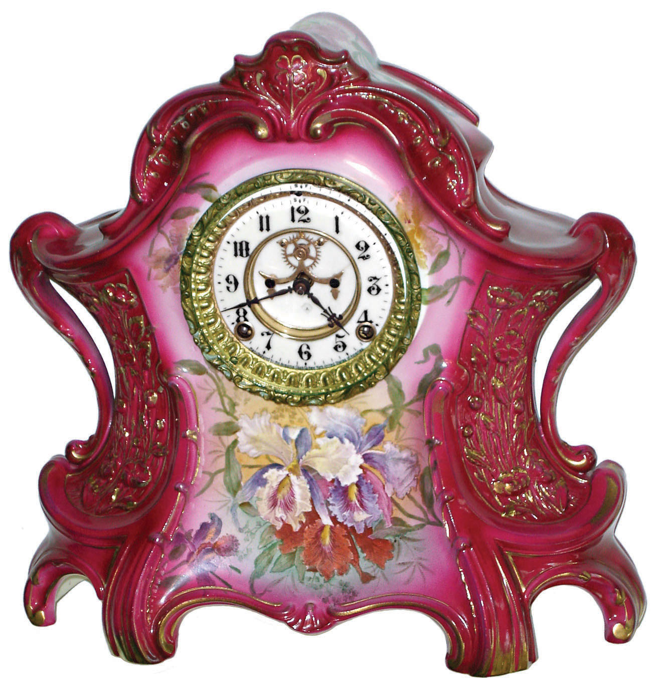 Ansonia Clock Co., Royal Bonn, "La Layon", large red porcelain 8 day time and strike mantel clock, with visible escapement, c1905 — Antique Clocks Price Guide