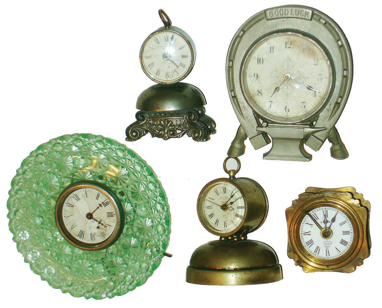 Clocks- 5 (Five) small metal and glass 30 hour novelty clocks: Lenzkirch alarm; Parker; Waterbury; Welch "Good Luck" horseshoe and pressed green glass; early 20th century — Antique Clocks Price Guide