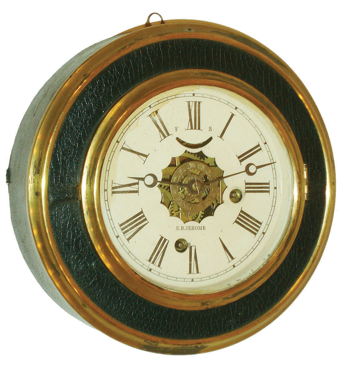 S. B. Jerome, New Haven, Conn., 30 hour, time and alarm brass lever movement round gallery timepiece, c1863  Samuel was the son of Chauncey Jerome. — Antique Clocks Price Guide