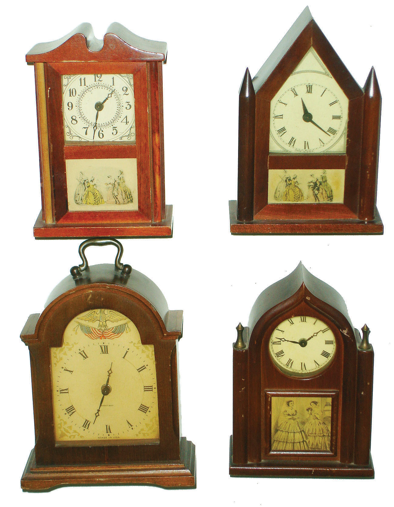 Clocks- 4 (Four) Burroughs miniature timepieces based on old designs: No. D61 Bracket 8 day; No. 48 T Georgian; No. 52 T English Lancet; No. 49 Steeple Gothic; c1930 — Antique Clocks Price Guide