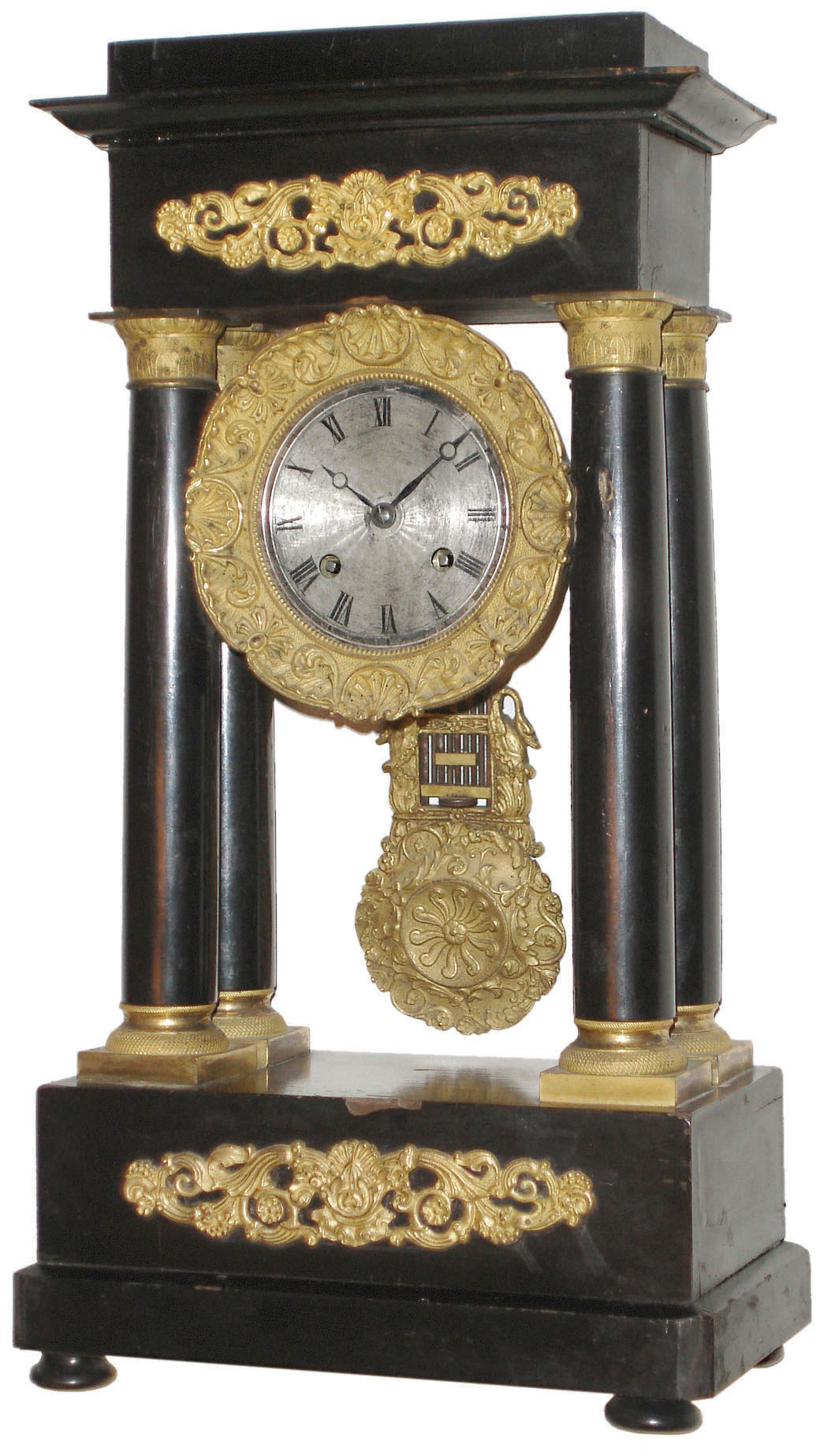 French Empire enameled wood 8 day time and strike portico mantel clock, c1870 — Antique Clocks Price Guide