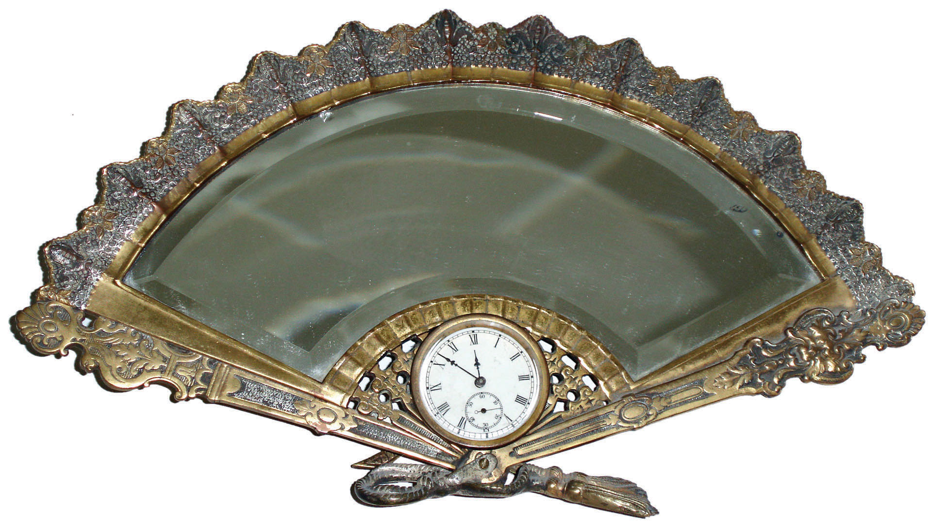 E.N. Welch, Forestville, Conn. "Mikado" gold and silver finished cast brass and beveled mirror 30 hour time only novelty clock, c1889 — Antique Clocks Price Guide
