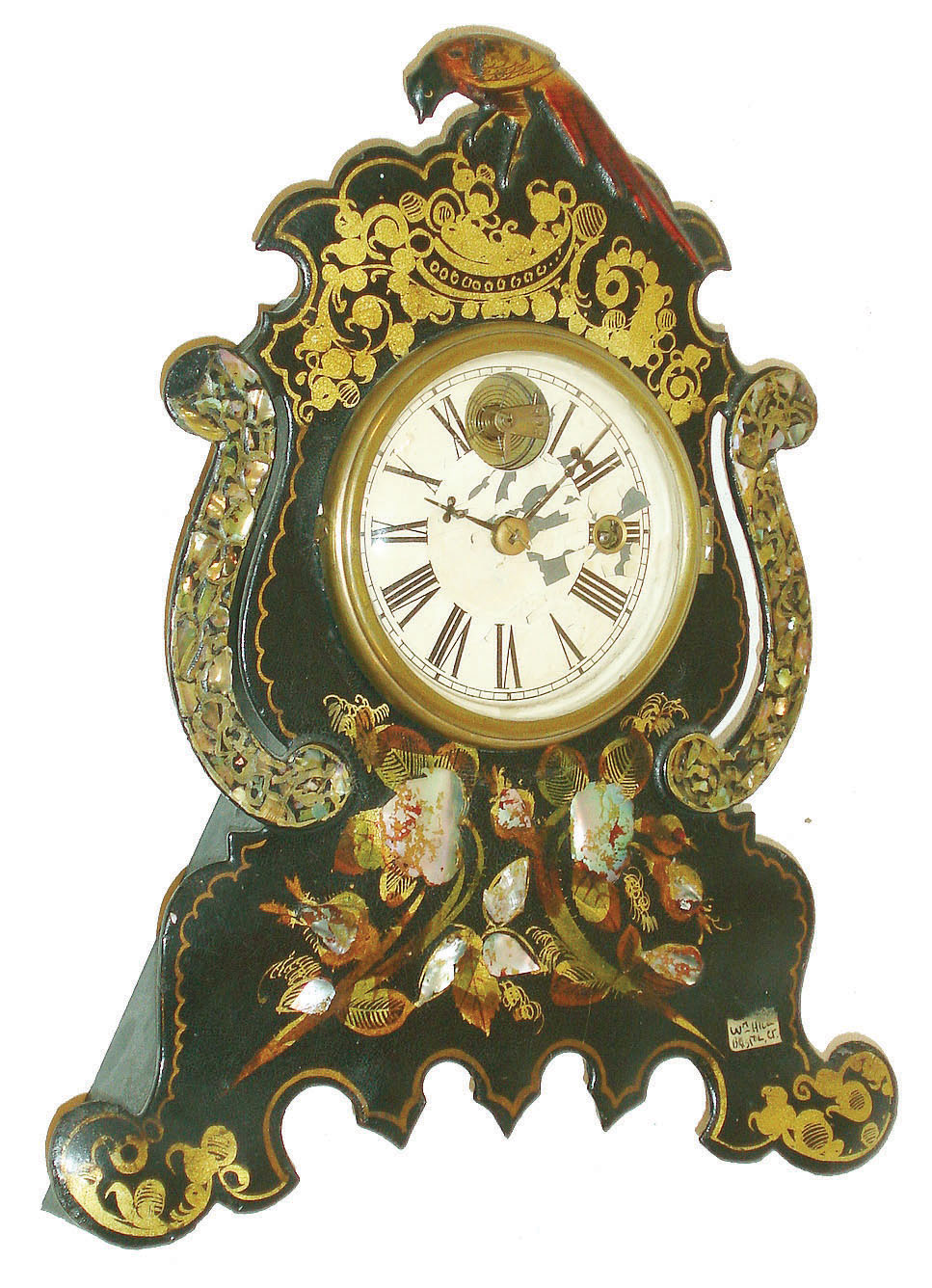William J. Hill, Bristol, Conn., 30 hour spring brass lever movement decorated iron front with MOP shelf timepiece, c1850 — Antique Clocks Price Guide
