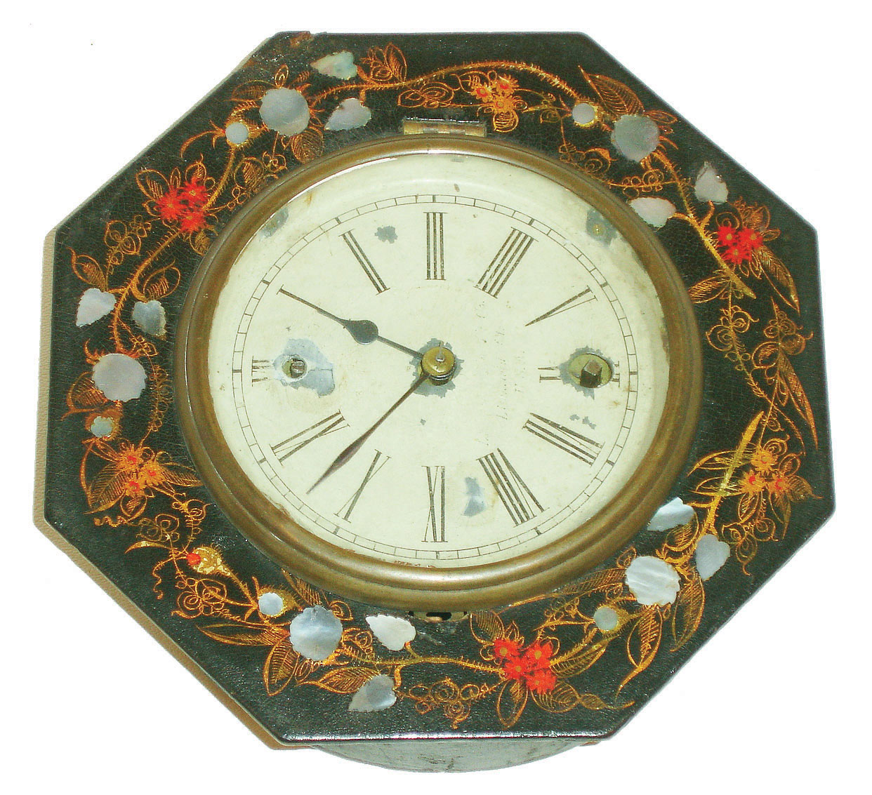 Litchfield Mfg. Co., Litchfield, Conn., 8 day, MOP paper mache lever movement wall timepiece, c1850 — Antique Clocks Price Guide