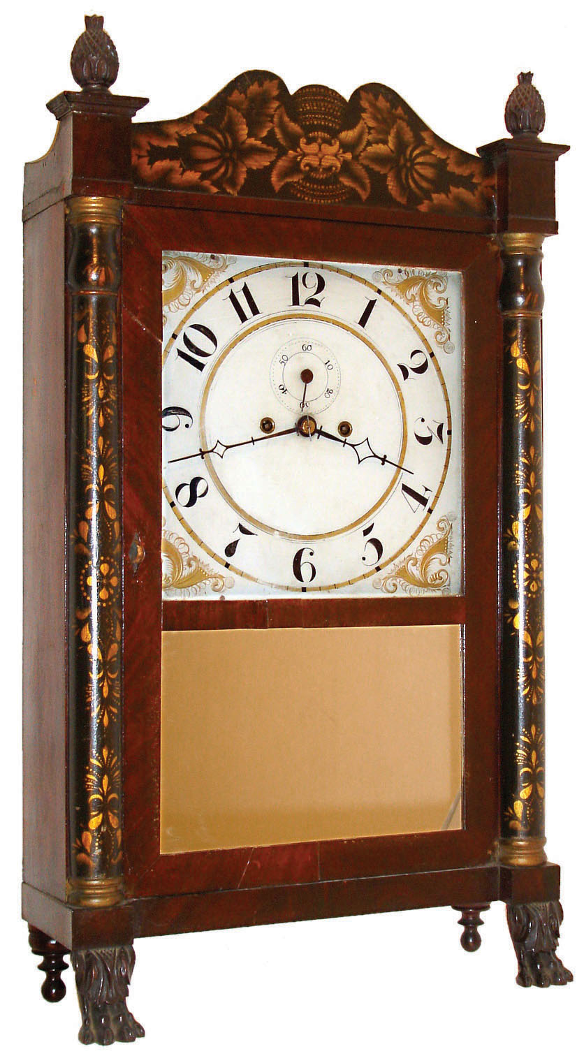 Spencer, Hotchkiss &amp; Co., Salem Bridge, Conn., 8 day, time and strike weight brass Salem Bridge movement half column &amp; splat shelf clock, c1830 — Antique Clocks Price Guide
