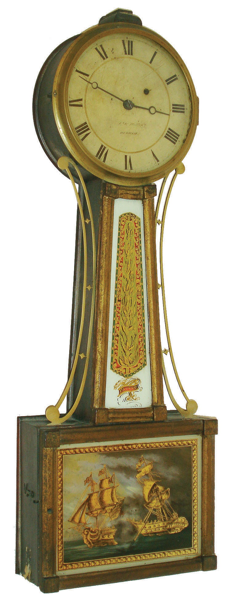 Sylvester W. Talbot, Dedham, Mass., 8 day, weight brass movement patent or banjo clock or timepiece, c1825 — Antique Clocks Price Guide
