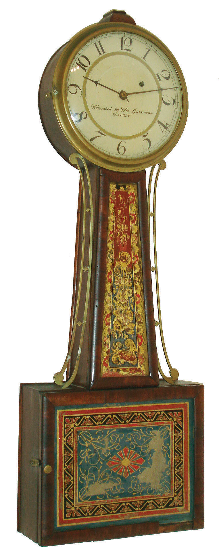 Massachusetts, 8 day, weight brass movement patent or banjo clock or timepiece with a dial signed: "Warrented by Wm. Cummens, Roxbury", c1825 — Antique Clocks Price Guide