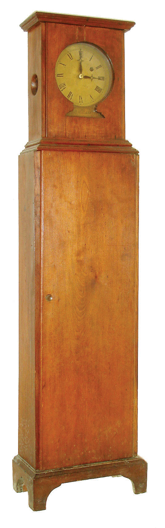 Massachusetts shelf clock, dovetailed cherry case on a bracket base, the removable top with engraved brass plate below dial aperture "Warranted for J. Walker", Roman numeral brass dial, black painted brass hands, weight driven 8 day time only movement, c1800 — Antique Clocks Price Guide