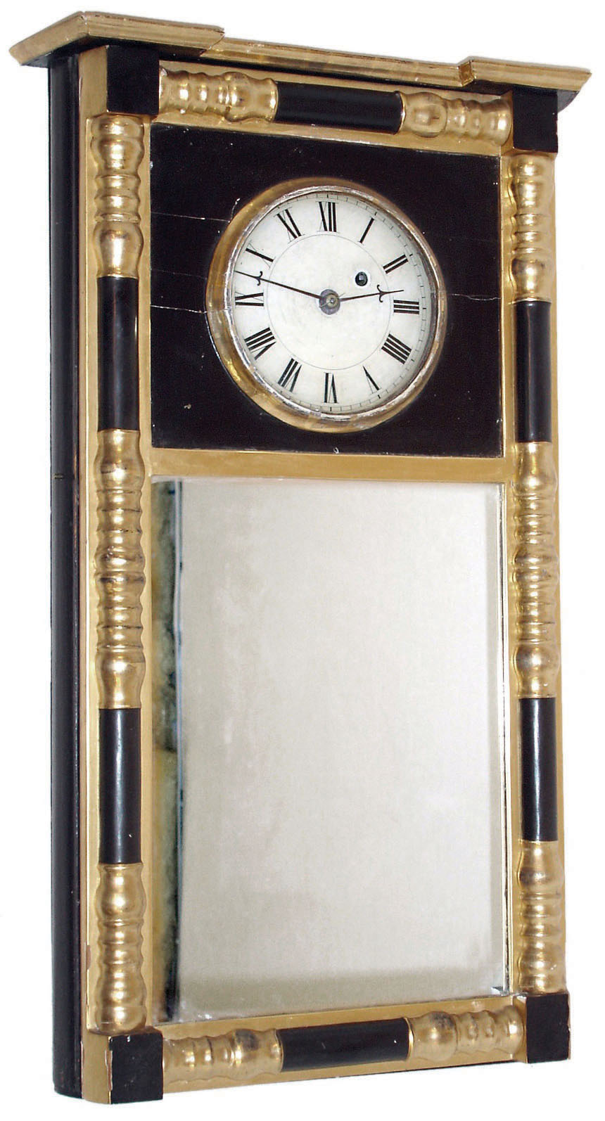 Unknown, 8 day, weight brass movement New Hampshire mirror clock or timepiece, c1830  We were not able to identify the maker of this unusual movement. — Antique Clocks Price Guide