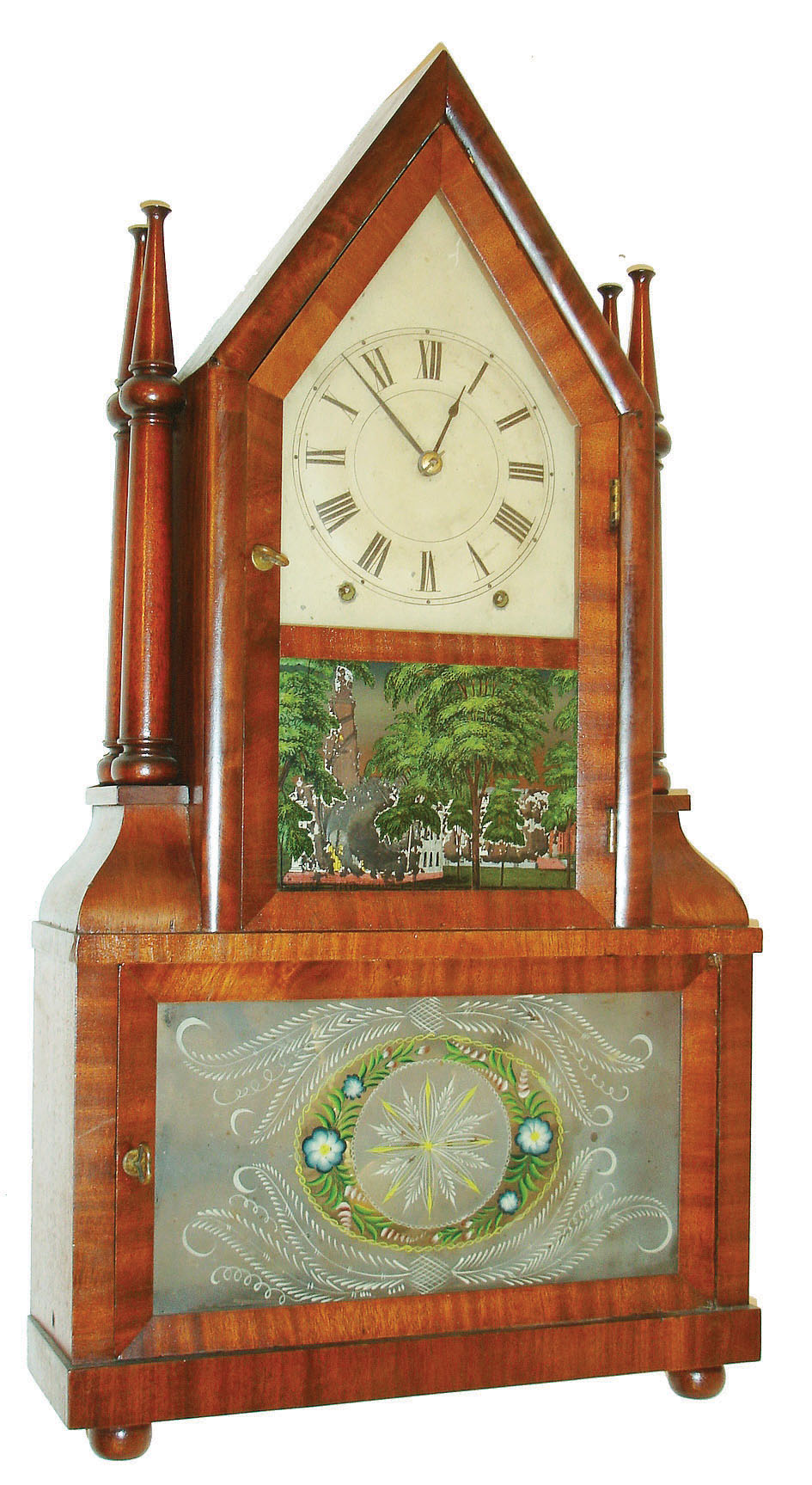 Birge &amp; Fuller, Bristol, Conn., 8 day, time and strike wagon spring steeple on frame with candle finials or double steeple, c1845 — Antique Clocks Price Guide