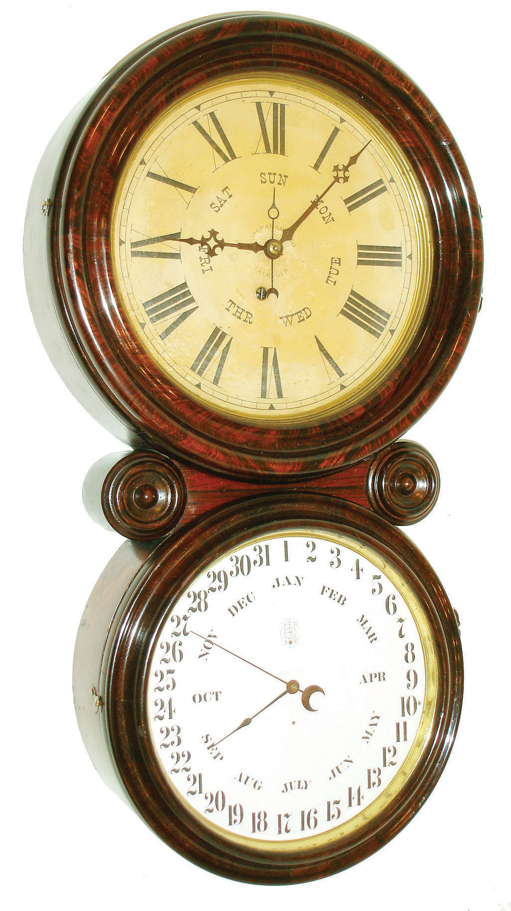 The E. Ingraham &amp; Co., Bristol, Conn., "Ionic Calendar" figure eight wall clock, 8 days, time and B.B. Lewis perpetual calendar, spring driven movement in a rosewood grained case with papered dials, c1880 — Antique Clocks Price Guide