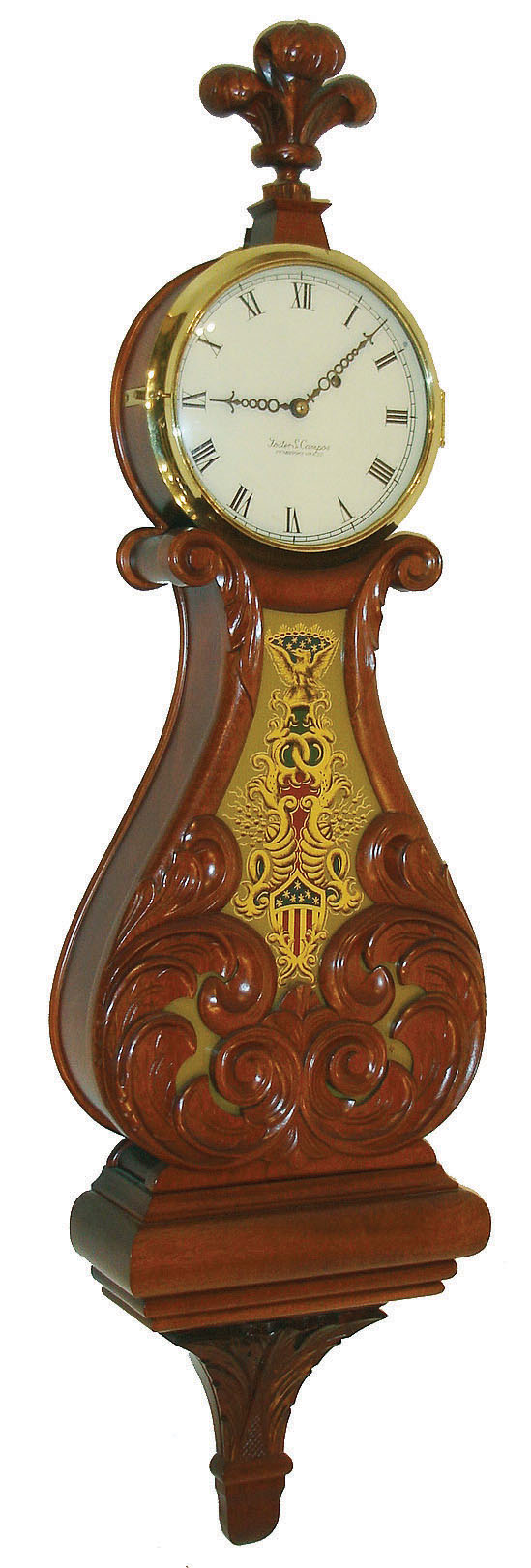 Foster Campos, Pembroke, Mass., "Lyre" wall clock, 8 days, time only, weight driven movement in a carved mahogany case with carved Prince of Wales finial, reverse painted tablet and a painted metal dial, serial #4, dated 1982 — Antique Clocks Price Guide