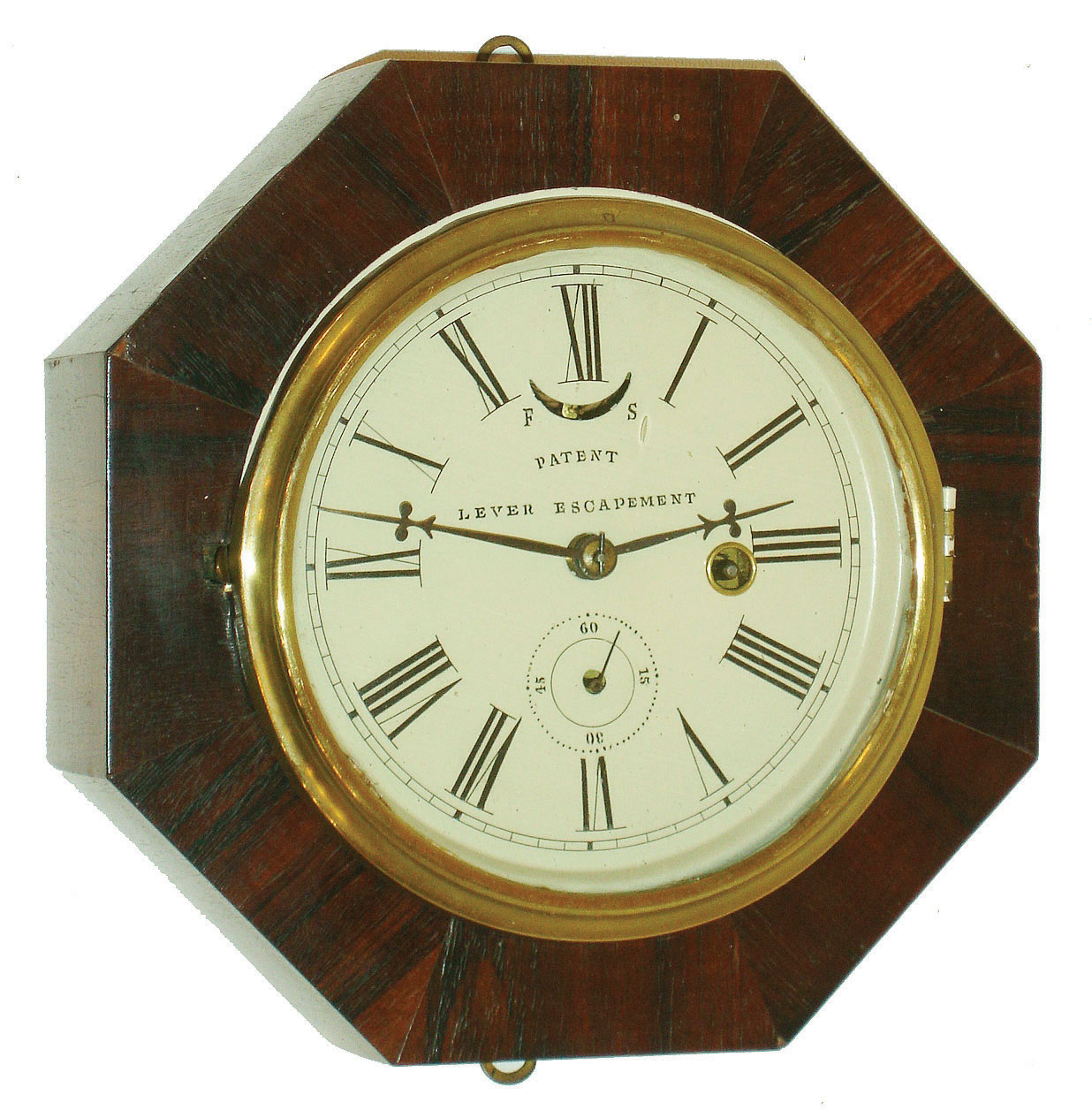 E. N. Welch, Forestville, Conn.,  30 hour, spring brass lever movement octagon wall clock or timepiece.  C1860 — Antique Clocks Price Guide