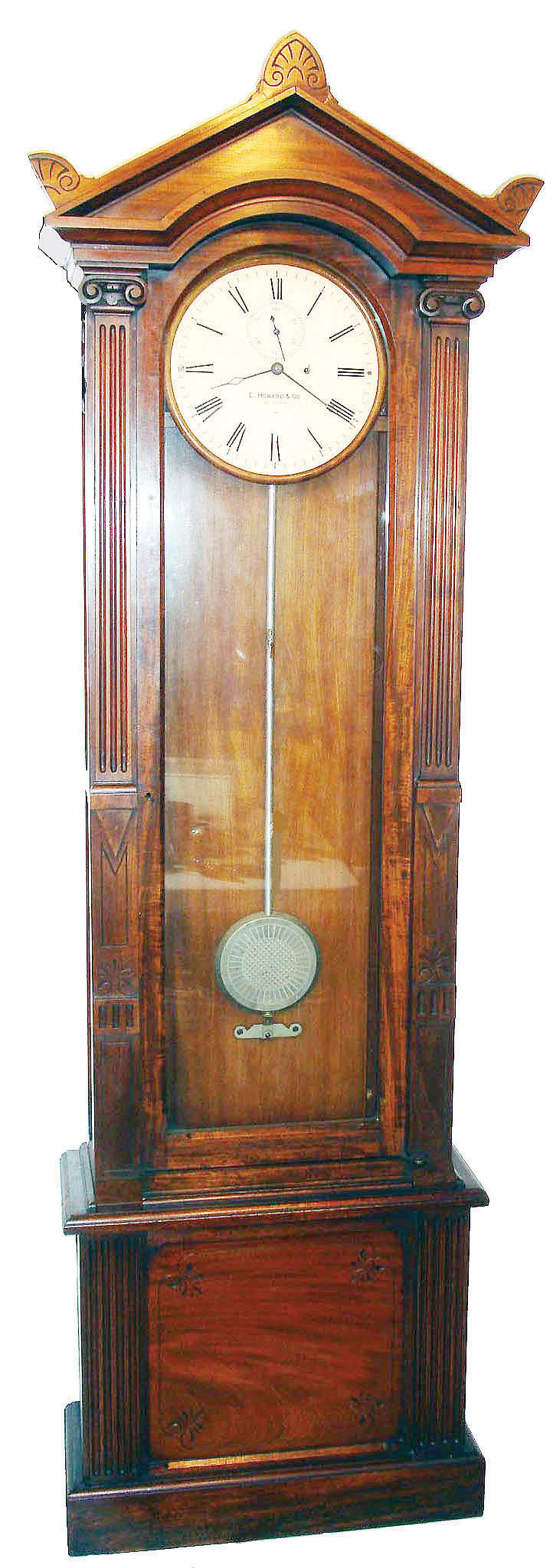 E. Howard &amp; Co., Boston, a custom regulator, probably a wall clock originally, now with a purpose made, matching base of mahogany, 8-day weight driven and with fancy decorated pendulum bob. — Antique Clocks Price Guide