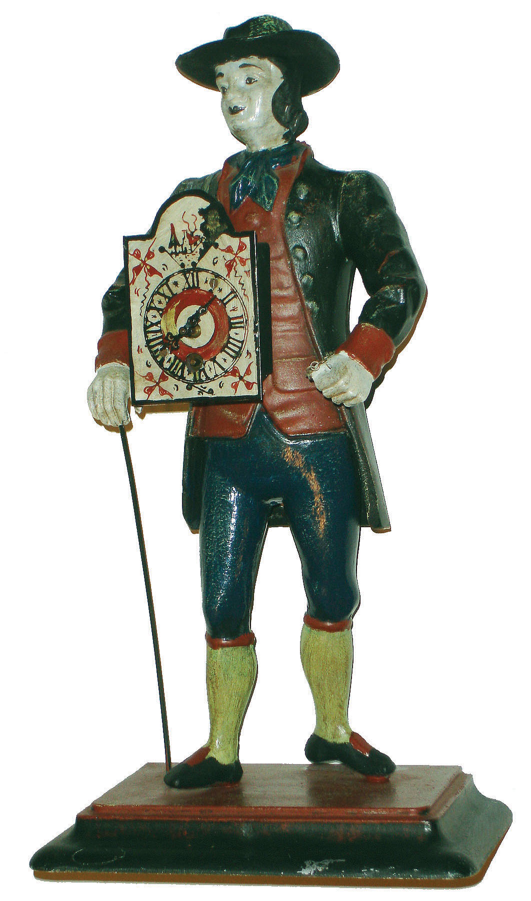 Reproduction cast pot metal clock peddler, with antique style painting, c1980 — Antique Clocks Price Guide
