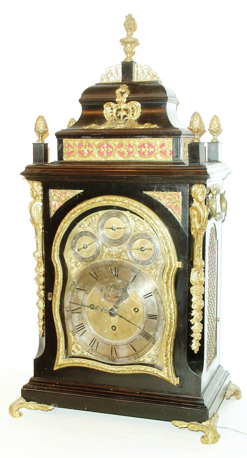English, London, 4-tune, musical bracket clock, Georgian era, with unusual serpentine dial and door by William Challenner, triple fusee, playing on 11 bells with 14 hammers, retains original crown wheel/verge escapement, and with central calendar hand, c1760 — Antique Clocks Price Guide
