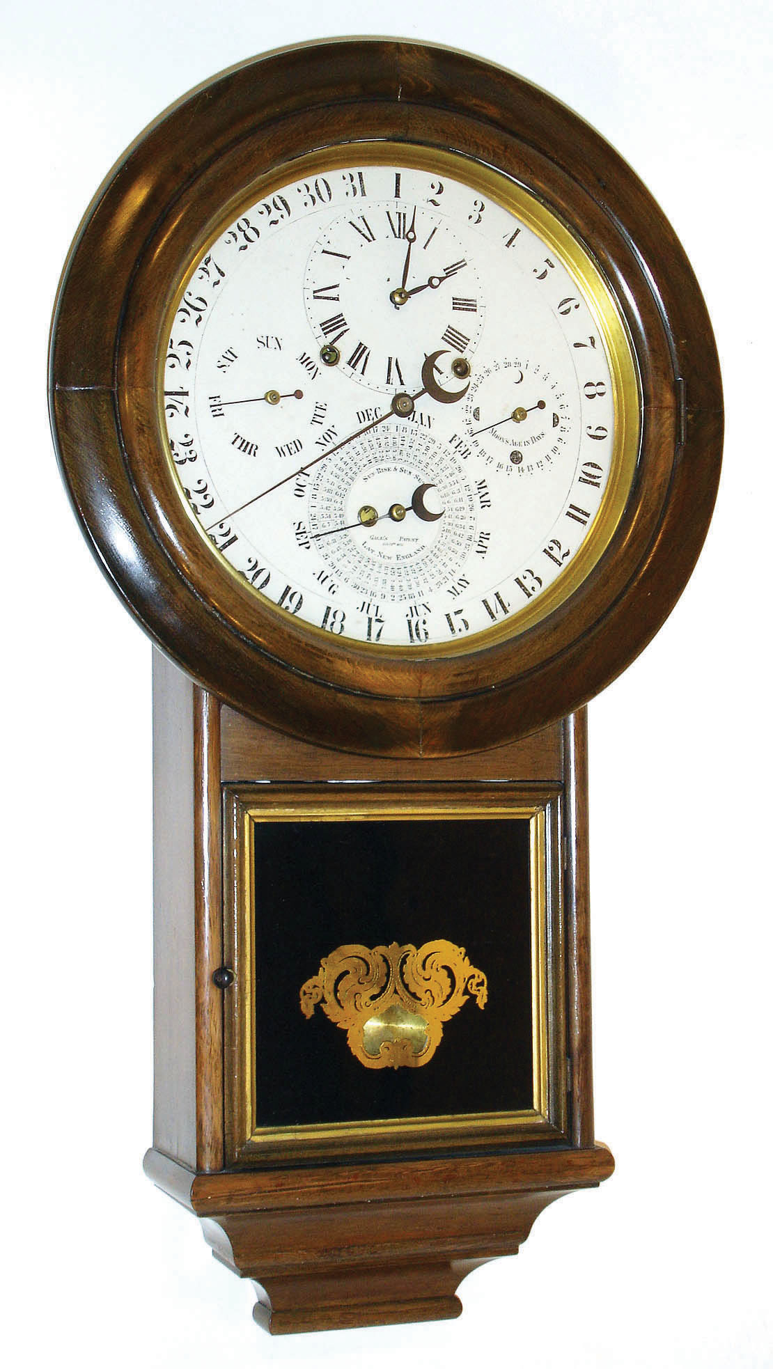 Welch, Spring &amp; Co., for D. J. GALE, "Round Drop No. 2", Astronomical calendar clock, 8-day time and strike, original painted dial showing patent date of Feb 1871,  c1875 — Antique Clocks Price Guide