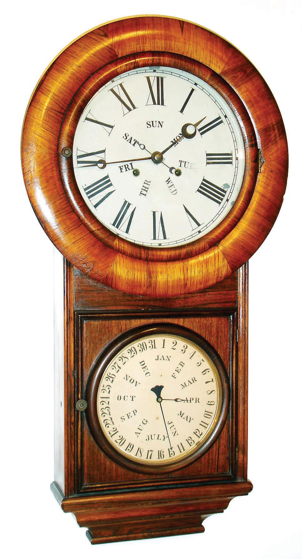 Welch, Spring &amp; Co., "No. 2 Regulator", weight driven double dial calendar clock, with B B Lewis lower mechanism for month and date, and with central hand on time dial for days of the week,  with quality 2-wt timepiece movement at top, c1878. — Antique Clocks Price Guide