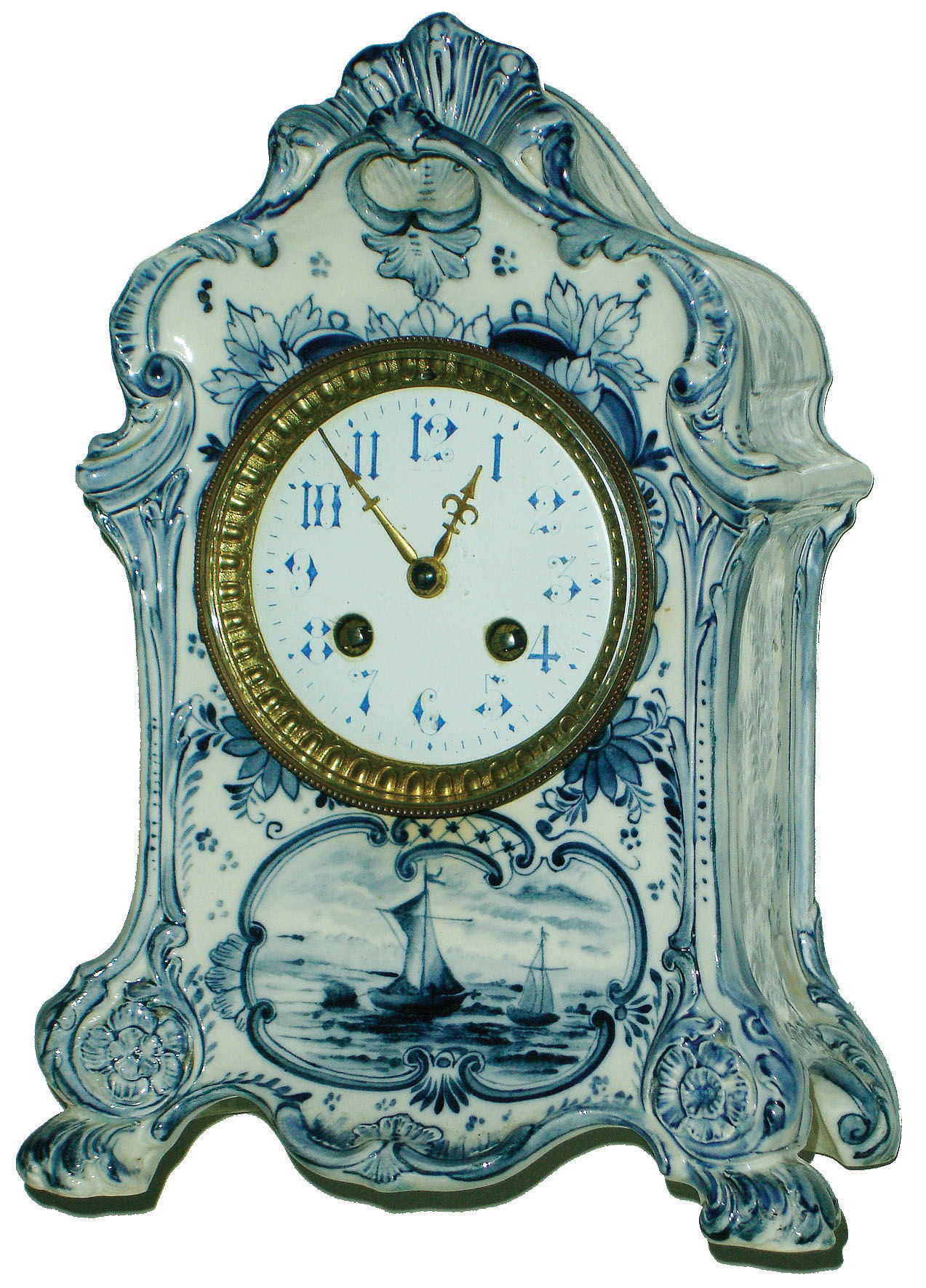 French Delft style 8 day time and strike porcelain mantel clock, A.D. Mougin works, c1900 — Antique Clocks Price Guide