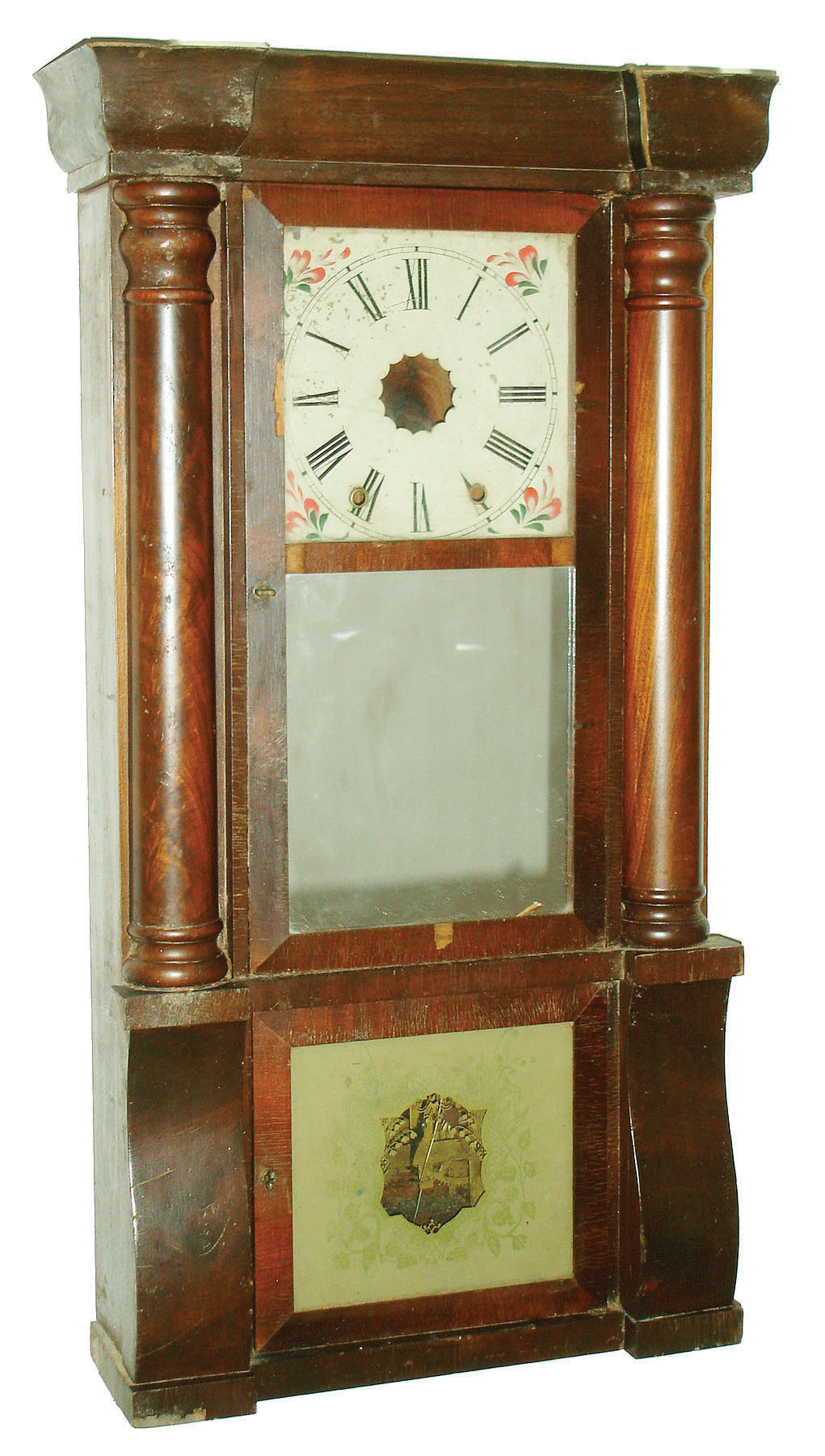 Clocks- 2 (Two) mahogany 8 day time and strike weight driven column and cornice shelf clocks:  Birge, Peck, &amp; Co. Bristol Conn.; and Jerome &amp; Company, New Haven, c1875 — Antique Clocks Price Guide