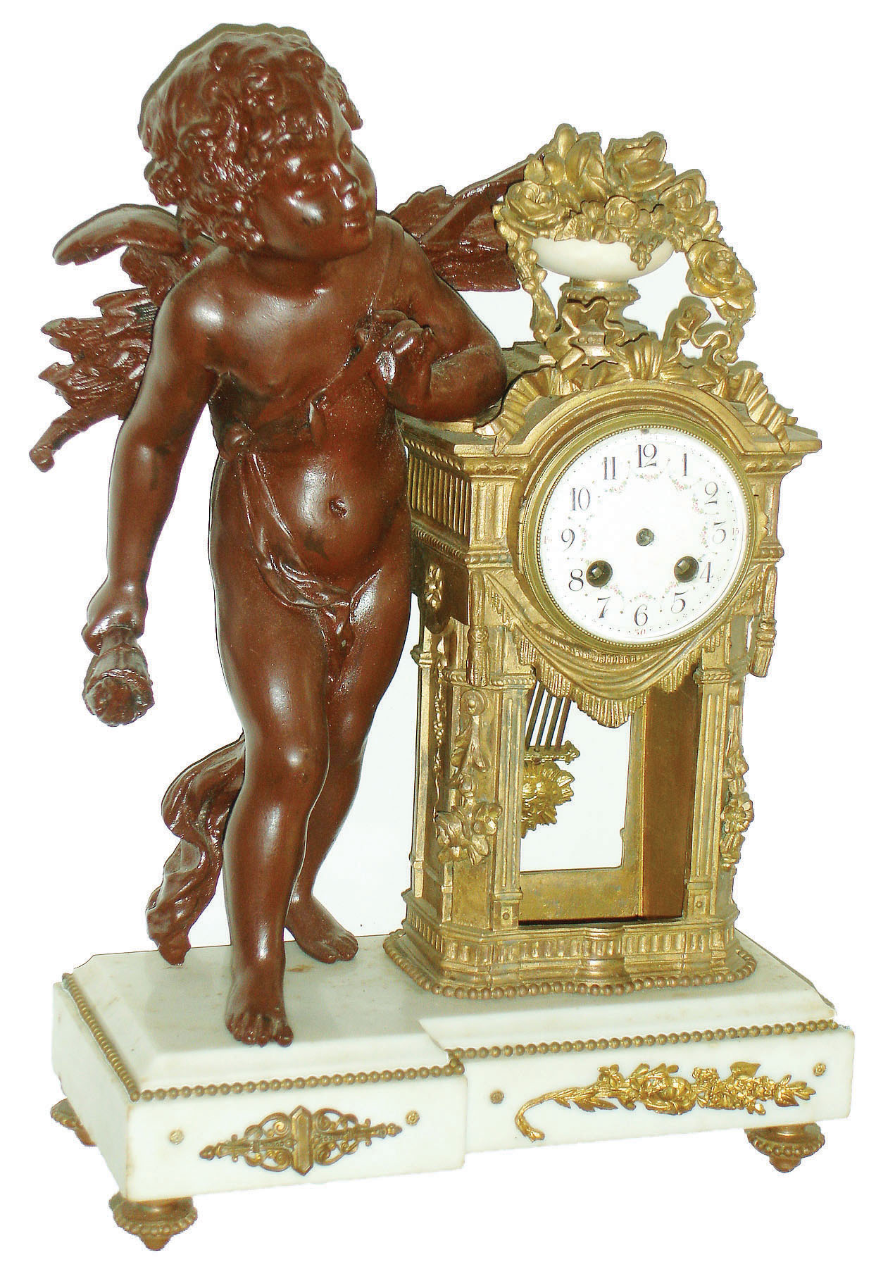 French large spelter and white marble figural 8 day time and strike mantel clock, c1905 — Antique Clocks Price Guide