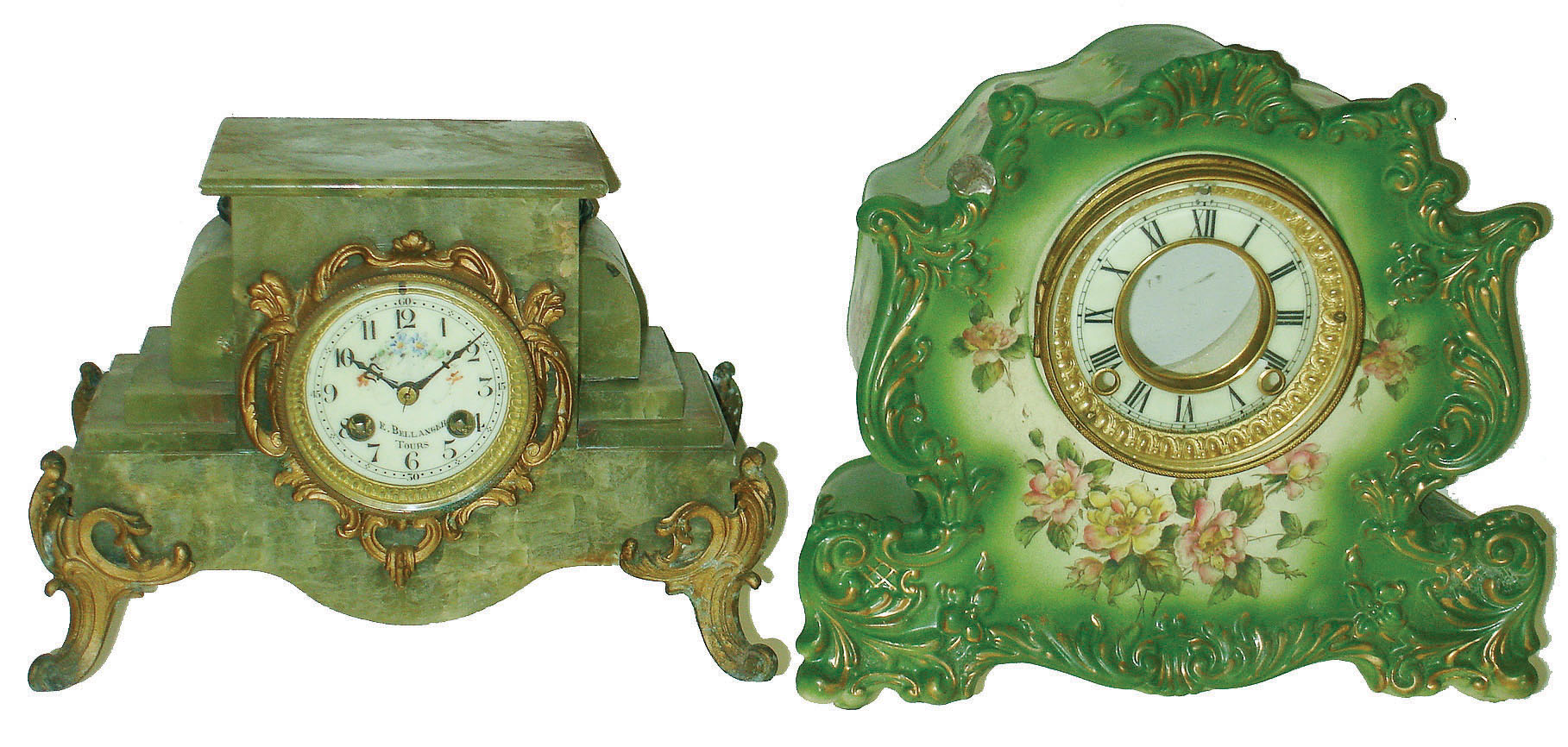 Clocks- 2 (Two): a French green marble 8 day time and strike mantel clock and an Ansonia "Recluse" porcelain case only, c1900 — Antique Clocks Price Guide