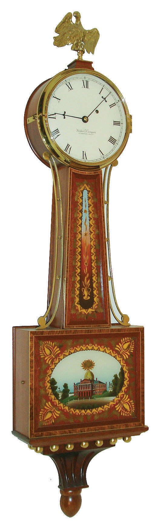 Foster S. Campos, Pembroke, Mass., "Willard Banjo Clock with Bracket" wall clock, 8 days, time only, weight driven movement in a cross banded mahogany case with painted metal dial and reverse painted tablets by Tom Moberg, dated 1985 — Antique Clocks Price Guide