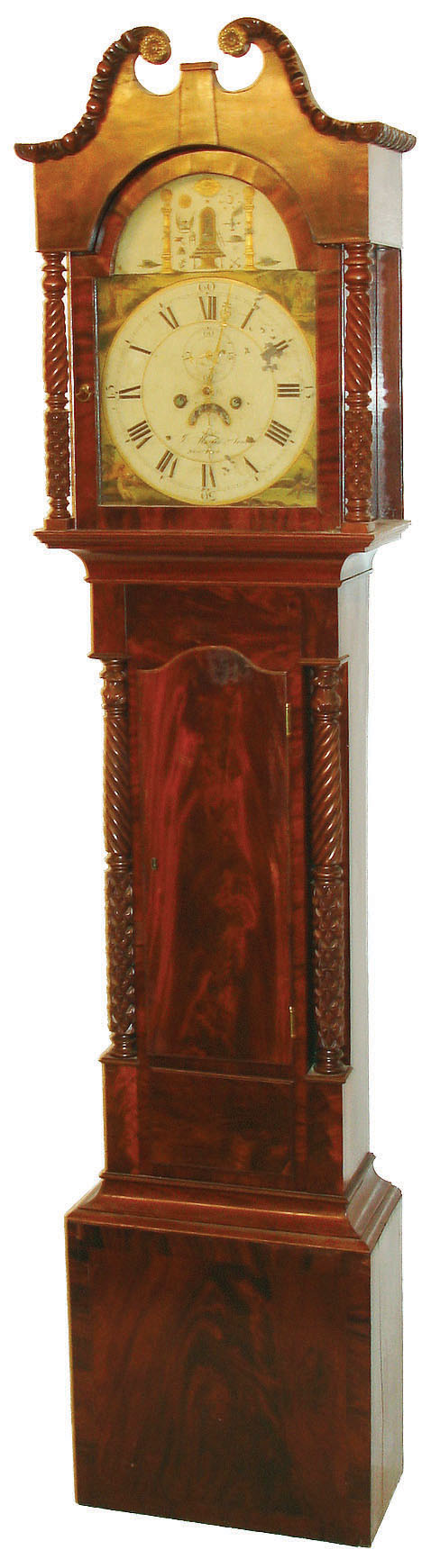 Joseph Martin &amp; Son, New York, New York, tall clock, 8 days, time, strike and calendar, weight driven brass movement in a mahogany and crotch mahogany veneer case with four fancy fully turned columns flanking trunk and hood doors, deeply carved broken arch pediment and painted iron dial with symbolic fraternal scene in arch and four seasons in corners, c1825 — Antique Clocks Price Guide