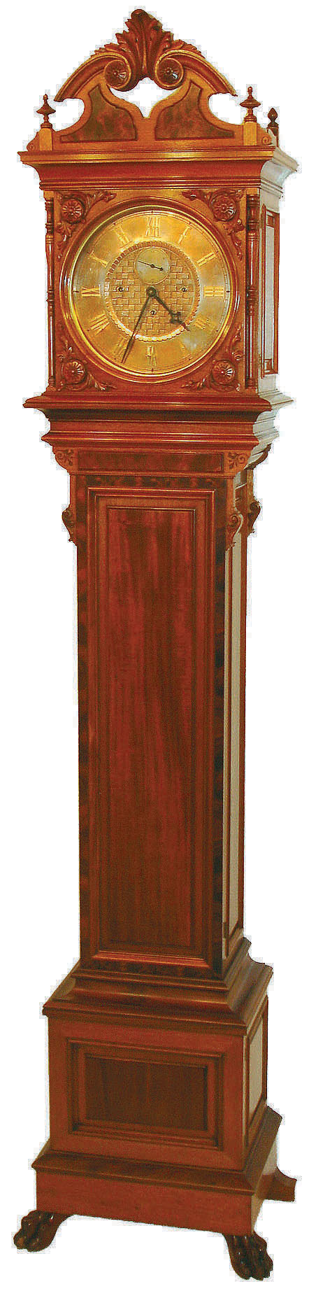 Seth Thomas Clock Co., Thomaston, Conn., "Regulator No. 21" later known as "Hall Clock No. 21" tall clock, 8 days, time, hour and quarter hour bell strike, weight driven movement with dead beat escapement in a cherry case with mahogany highlights and carvings, paw feet and brass dial, c1886 — Antique Clocks Price Guide