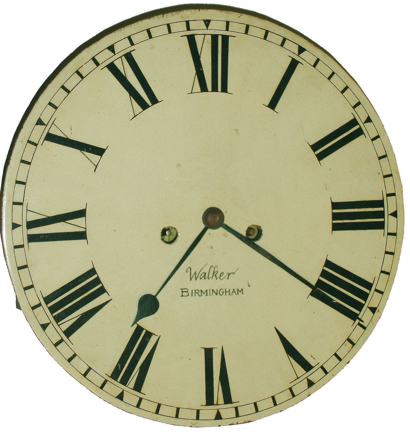 Walker, Birmingham, English round white painted metal dial and iron false plate with 8 day time and strike weight driven long case clock movement, c1820 — Antique Clocks Price Guide