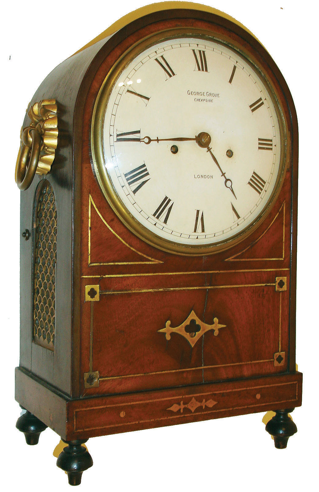 George Grove, Cheapside, London, Regency bracket clock, mahogany case with brass inlay, sides with pierced brass frets, large ring handles with hollow stamped back plates turned feet, Roman numeral, white painted convex metal dial, blued steel Breguet style hands, brass bezel with convex glass, week going two train fusee movement striking the hours on a bell, inside of case with the case makers label, "William Cock Camp Writing Desk Inventor and Manufacturer Makes every Description of Clock &amp; Spring Cases, Ladies and Gentlemen's Dressing &amp; Travelling Cases, Medicine Chests &amp; c. Cock's Buildings Hillgrove St. Bristol.  Wholesale &amp; for Exportation",  c1825 — Antique Clocks Price Guide
